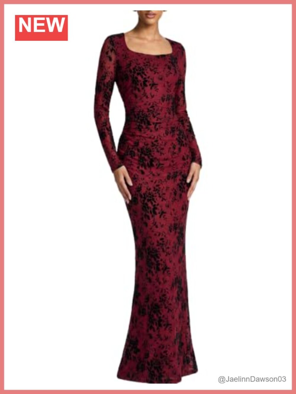Floral Velvet Print Mermaid Maxi Dress with Square Neck and Sheer Mesh Long